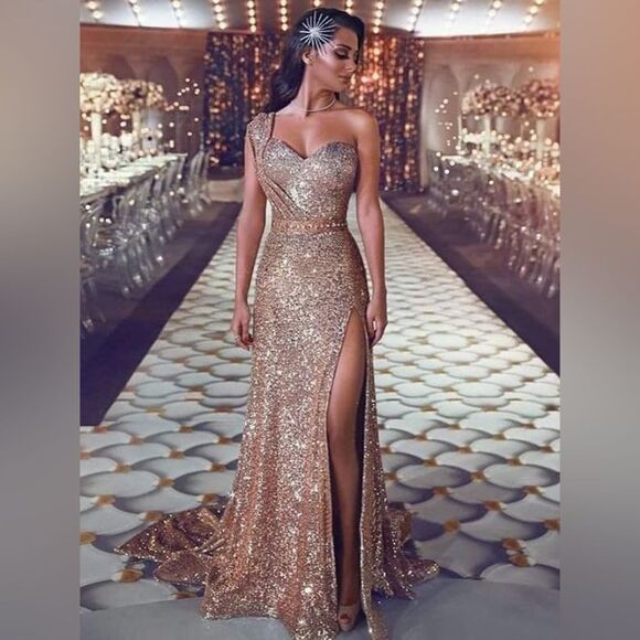 NWT Rose Gold One-Shoulder Sweep/Brush Train Beading Sequins Dresses - Picture 1 of 15